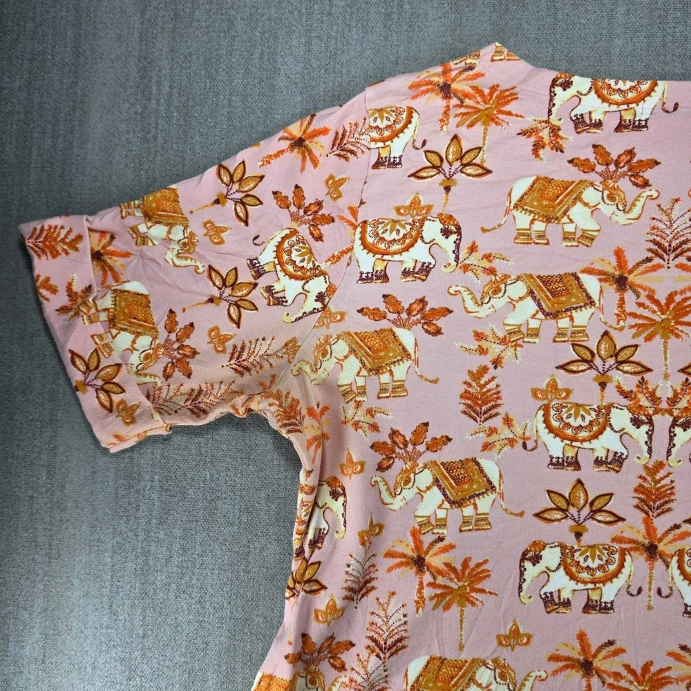 Karen Scott T-Shirt Women 2X Pink Elephant Palm Tree Print Cuffed Short Sleeve